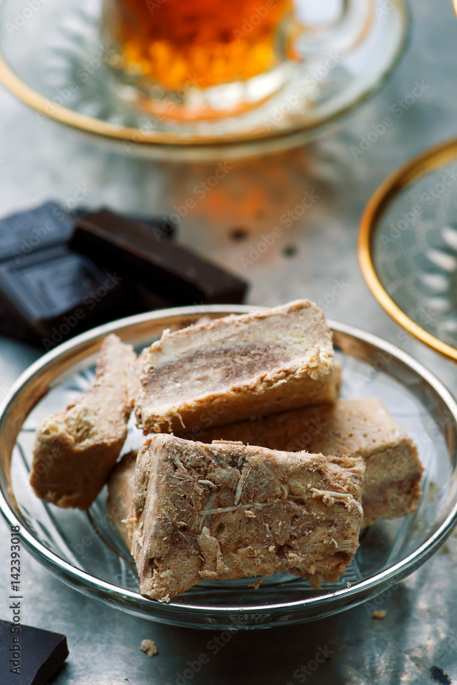 Halvah, Traditional east sweet. selective focus Halvah, Traditional east sweet. selective focus