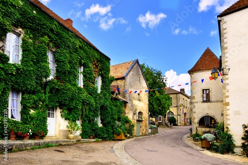 Leafy lane in a picturesque medieval village in Burgundy, France