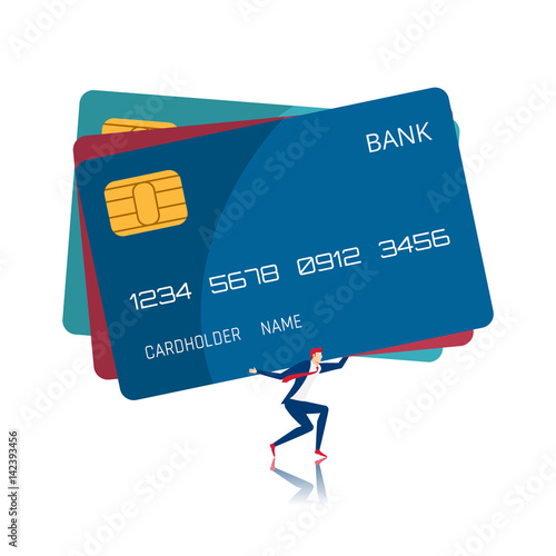 Businessman carrying huge credit card. Debt concept.