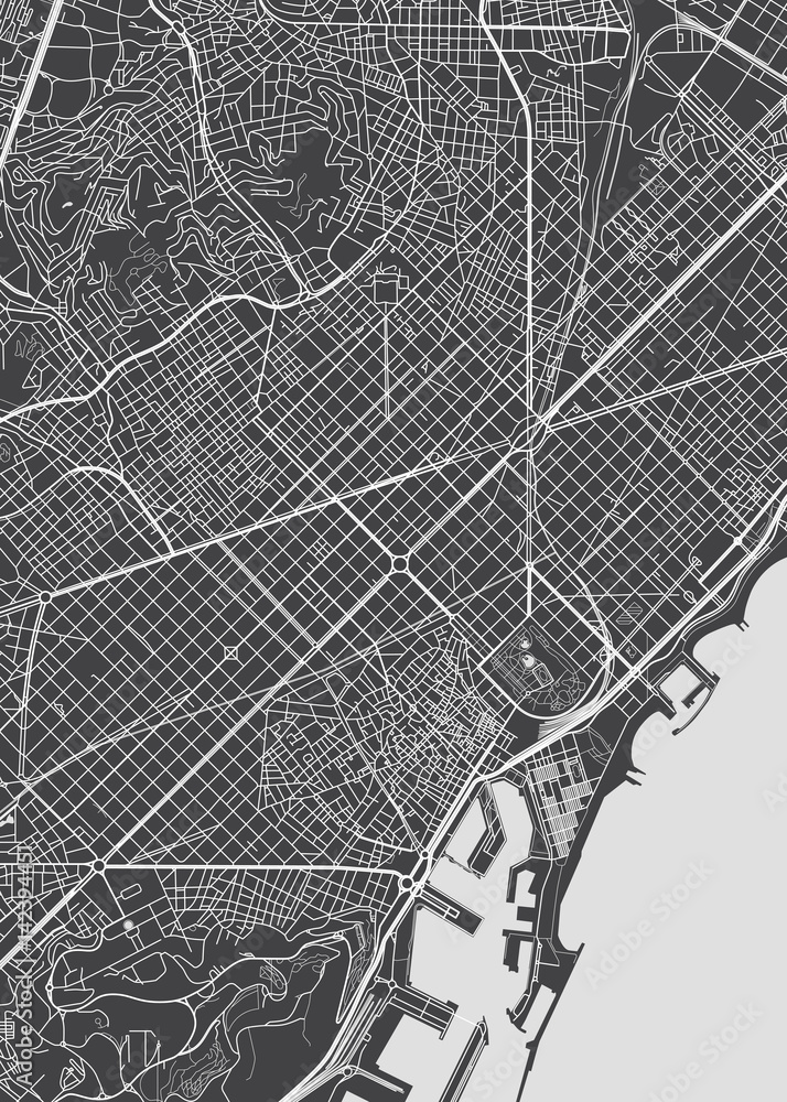 Fototapeta premium Plan miasta Barcelony, szczegółowe mapy wektorowe