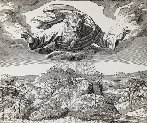 Fotografia God creator creating the water and earth, graphic collage from engraving of Nazareene School, published in The Holy Bible, St