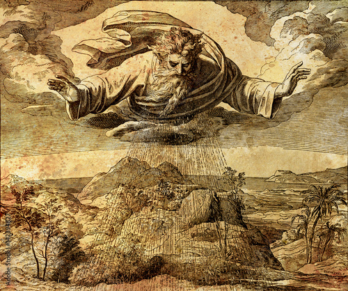 Foto God creator creating the water and earth, graphic collage from engraving of Nazareene School, published in The Holy Bible, St