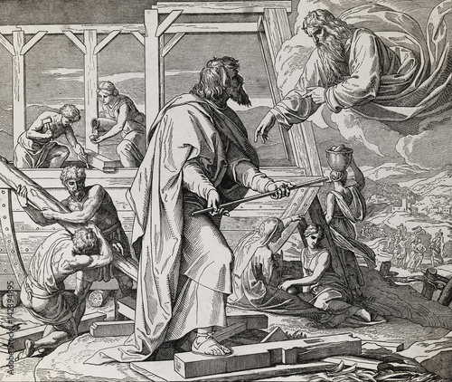 God giving instructions how tho build the ark to Noah and his family, graphic collage from engraving of Nazareene School, published in The Holy Bible, St.Vojtech Publishing, Trnava, Slovakia, 1937.