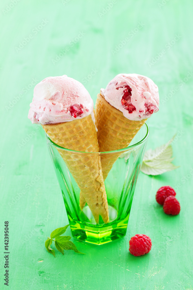 Homemade ice cream with wild strawberry.