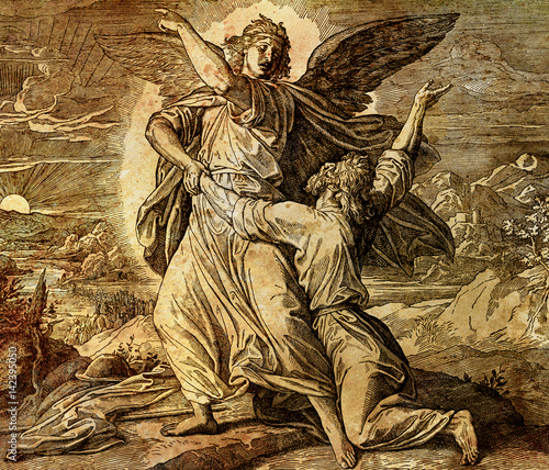 Jacob wrestling with the angel of god, graphic collage from engraving of Nazareene School, published in The Holy Bible, St.Vojtech Publishing, Trnava, Slovakia, 1937.