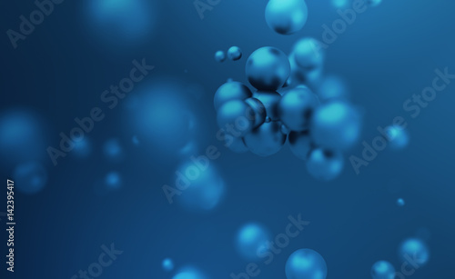 Abstract 3d rendering of chaotic spheres. Flying particles in empty space. Dynamic shape. Futuristic background with bokeh, depth of field effect. Design for poster, banner, placard.