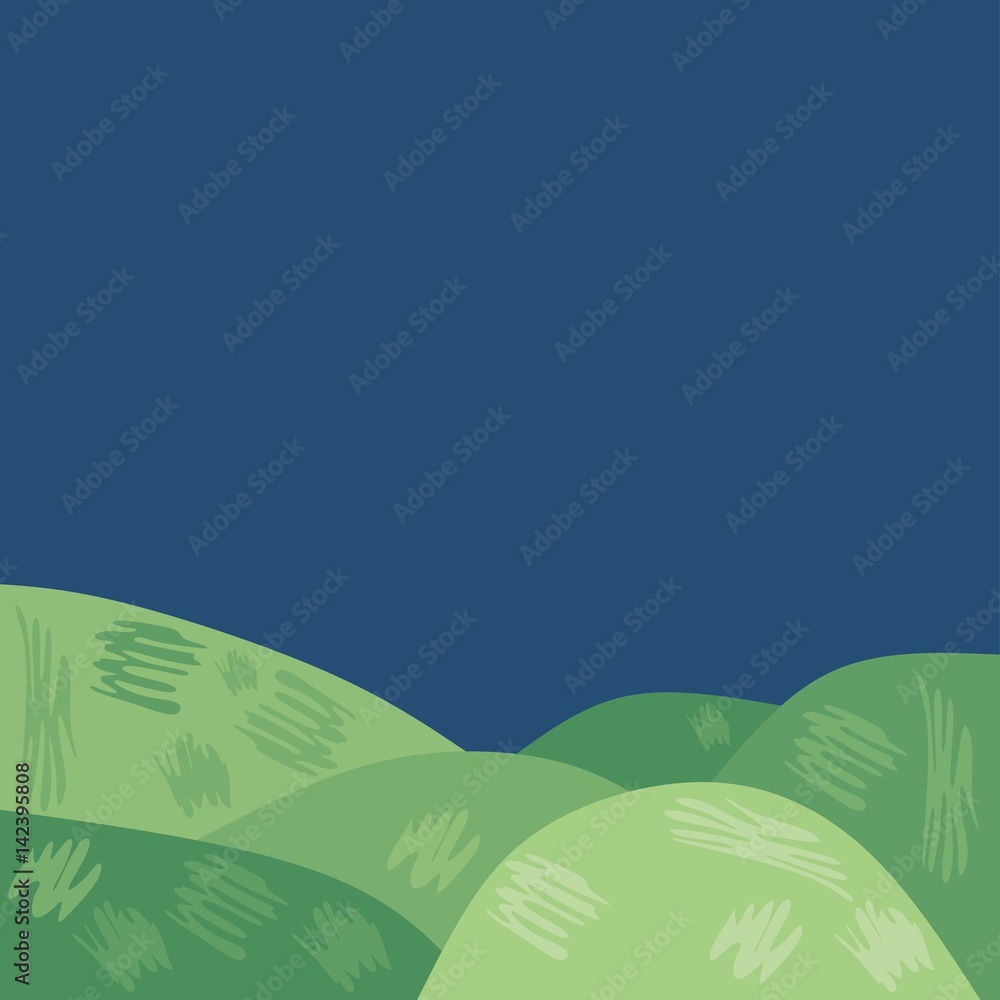 Obraz premium Landscape with green hills and dark blue sky. Beautiful card. Space for text.