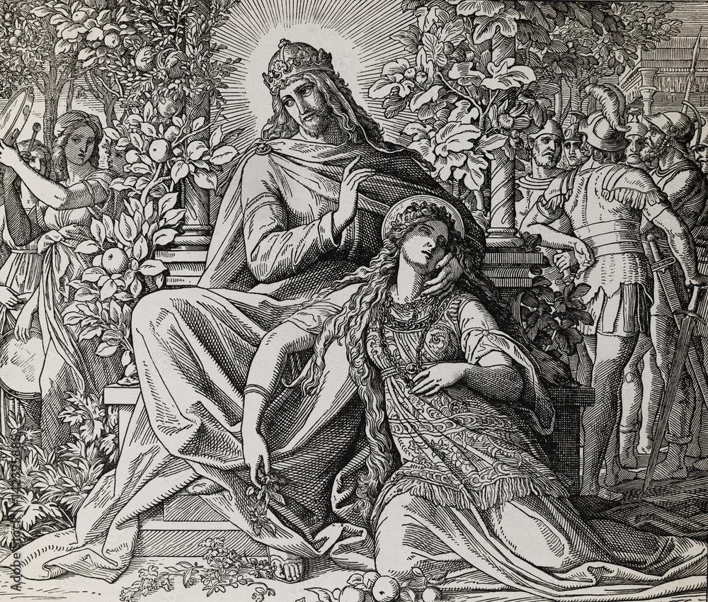 Obraz premium King Solomon and his love, Song of Solomon, graphic collage from engraving of Nazareene School, published in The Holy Bible, St.Vojtech Publishing, Trnava, Slovakia, 1937.