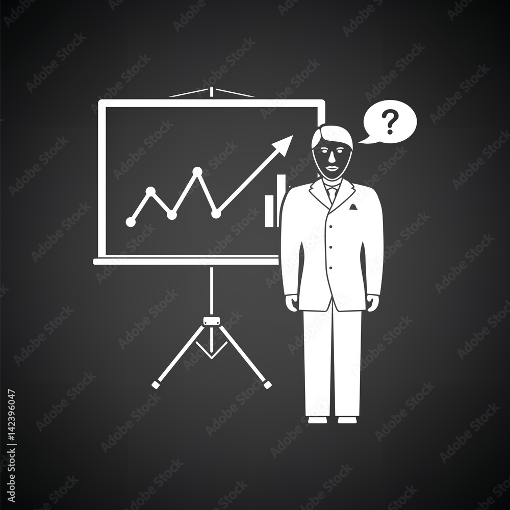 Clerk near analytics stand icon Clerk near analytics stand icon