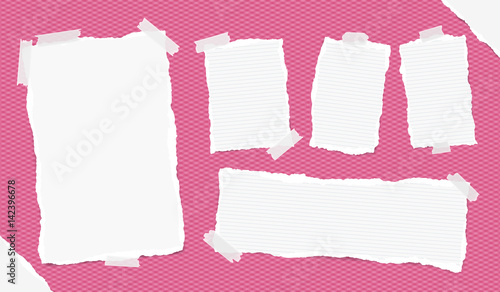 Different size ruled white note, notebook, copybook sheets, strips stuck with sticky tape on squared pink background and ripped paper in corners.