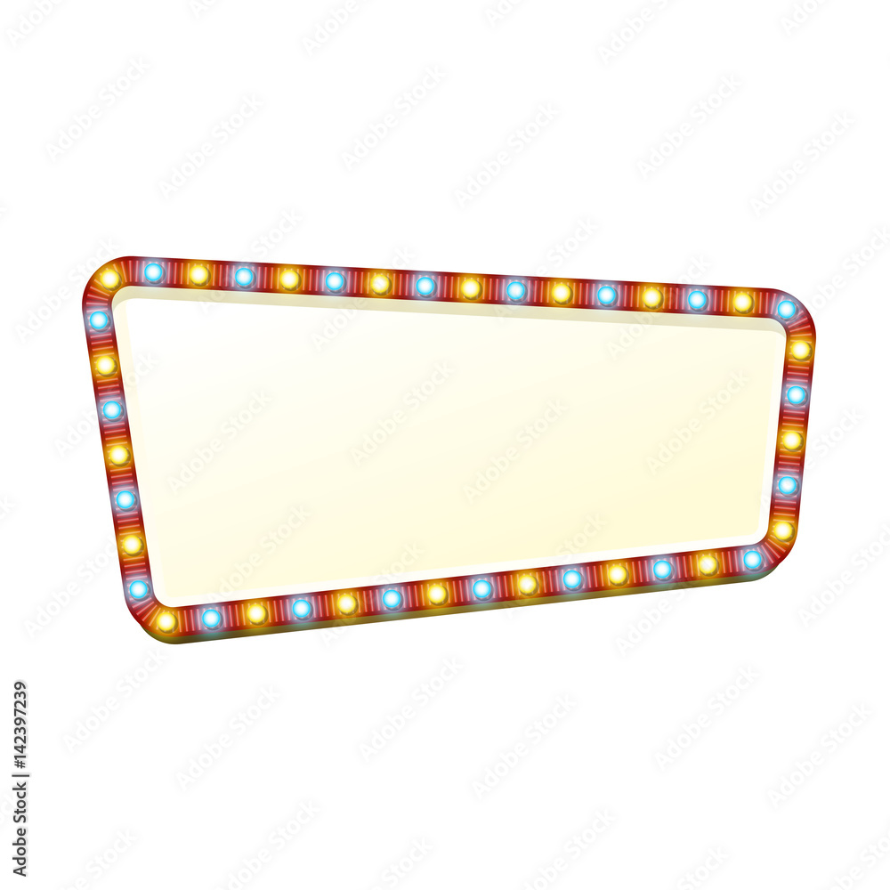 Advertising frame. Red street signboard with yellow and blue marquee lights. Colorful vector illustration.