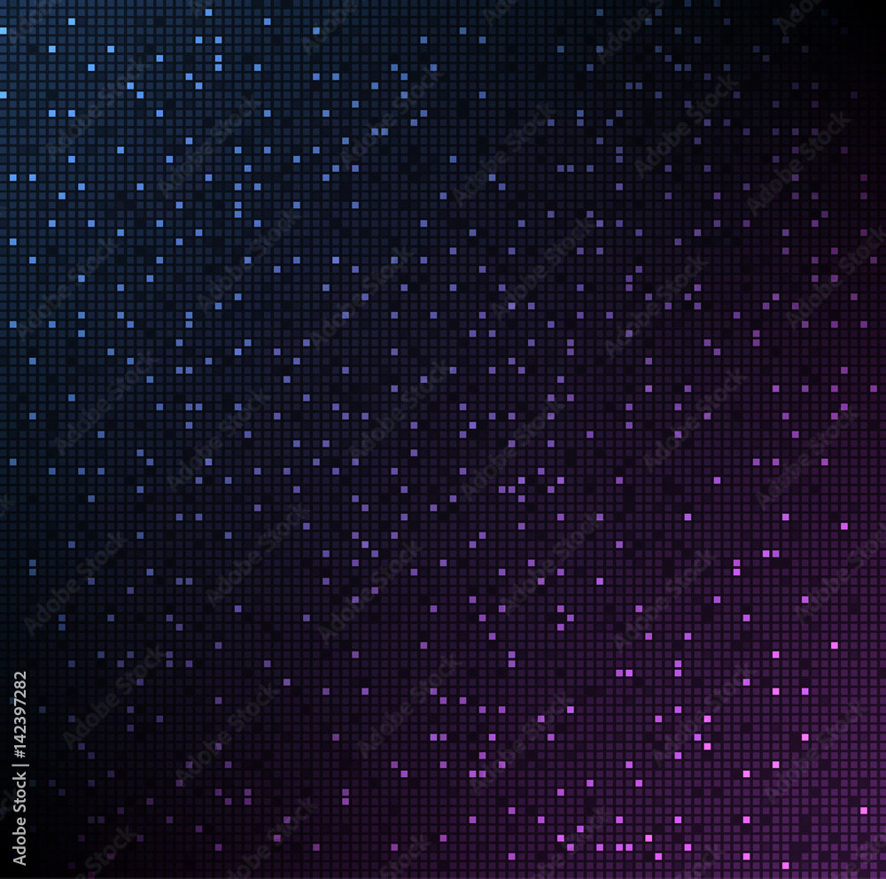 Abstract background of small glowing blue-violet squares in the dark Abstract background of small glowing blue-violet squares in the dark