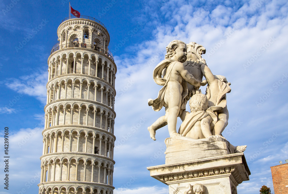 Leaning Tower of Pisa and the Fontana dei Putti, Italy