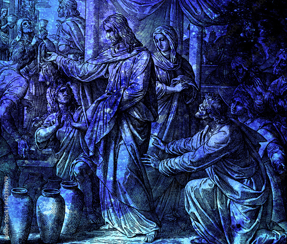 Jesus turns water into wine at Cana marriage feast, graphic collage