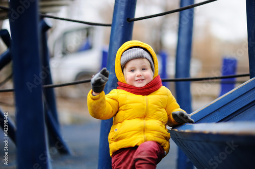 Happy little boy having fun on outdoor playground