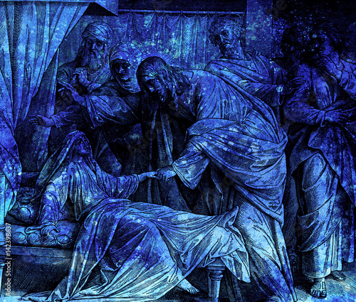 Canvas Print Jesus heals Jairus´ daughter, graphic collage from engraving of Nazareene School, published in The Holy Bible, St