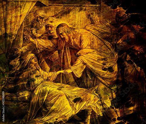 Obraz na plátně Jesus heals Jairus´ daughter, graphic collage from engraving of Nazareene School, published in The Holy Bible, St