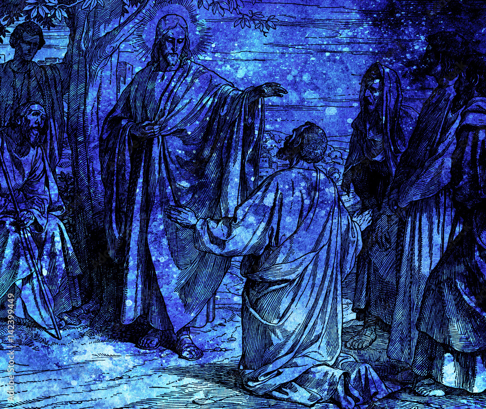 Naklejka premium Jesus feeds the crowd with bread and fish, graphic collage from engraving of Nazareene School, published in The Holy Bible, St.Vojtech Publishing, Trnava, Slovakia, 1937.