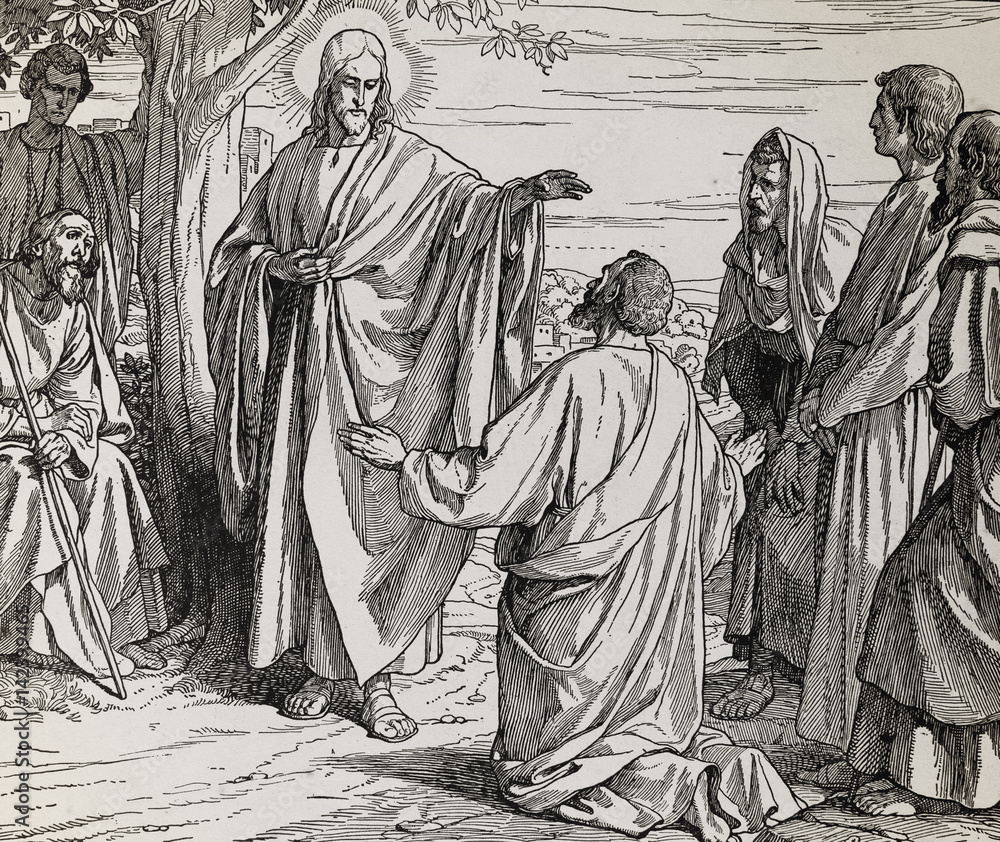 Obraz premium Jesus feeds the crowd with bread and fish, graphic collage from engraving of Nazareene School, published in The Holy Bible, St.Vojtech Publishing, Trnava, Slovakia, 1937.