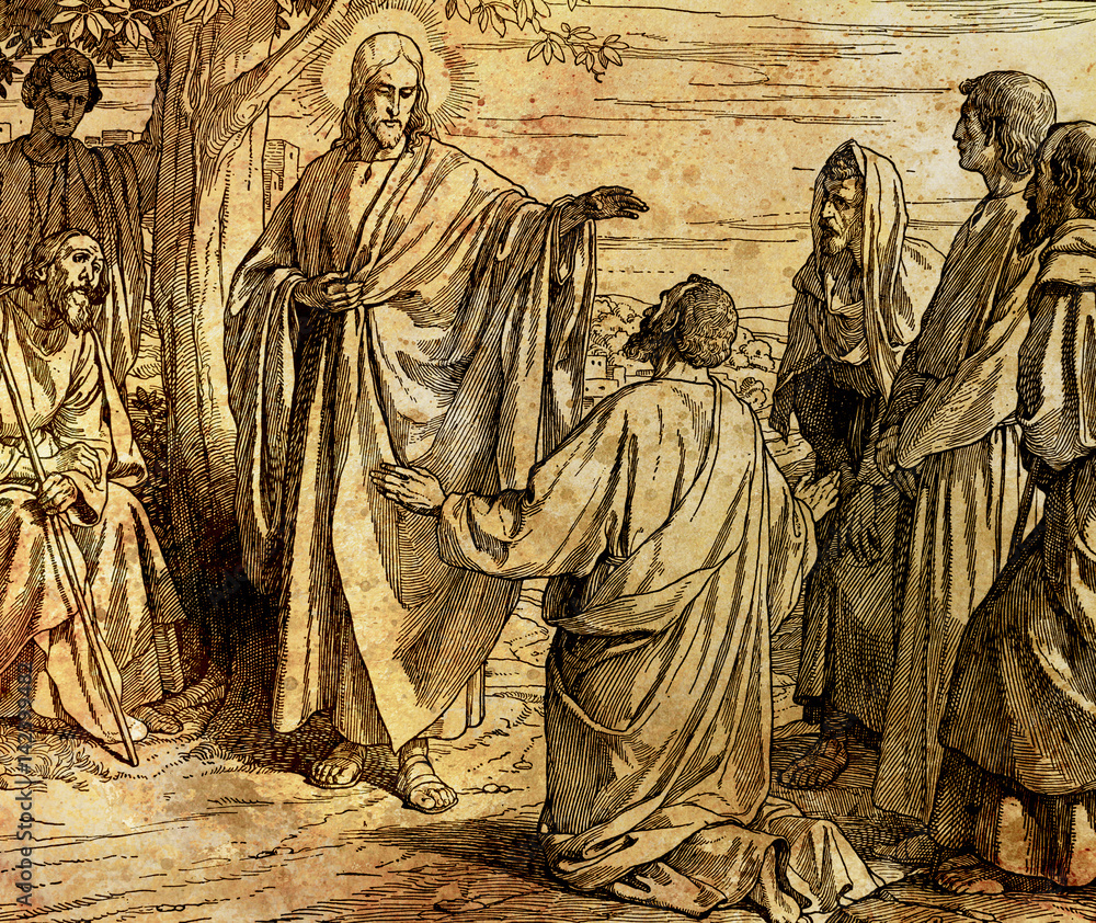 Naklejka premium Jesus feeds the crowd with bread and fish, graphic collage from engraving of Nazareene School, published in The Holy Bible, St.Vojtech Publishing, Trnava, Slovakia, 1937.