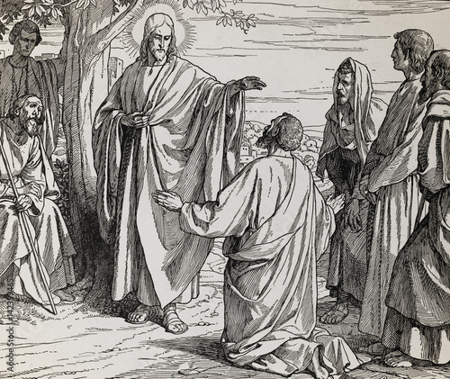 Jesus feeds the crowd with bread and fish, graphic collage from engraving of Nazareene School, published in The Holy Bible, St.Vojtech Publishing, Trnava, Slovakia, 1937.