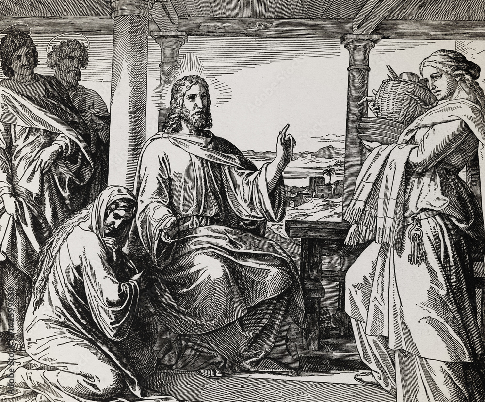 Fototapeta premium Jesus in the home of Martha and Mary, graphic collage from engraving of Nazareene School, published in The Holy Bible, St.Vojtech Publishing, Trnava, Slovakia, 1937.