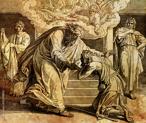 Foto Return of the prodigal son, graphic collage from engraving of Nazareene School, published in The Holy Bible, St