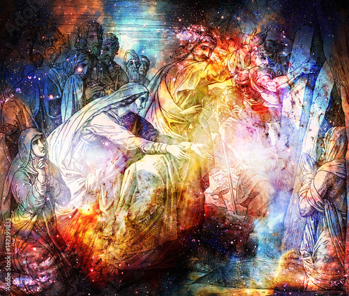 Resurrection of Lazarus, graphic collage from engraving of Nazareene School, published in The Holy Bible, St.Vojtech Publishing, Trnava, Slovakia, 1937.