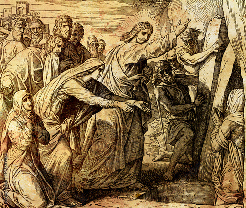 Resurrection of Lazarus, graphic collage from engraving of Nazareene School, published in The Holy Bible, St.Vojtech Publishing, Trnava, Slovakia, 1937.