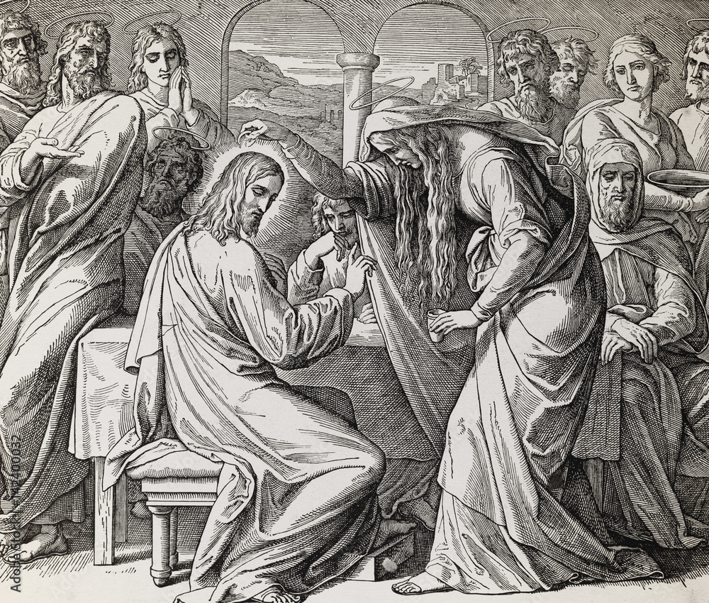 Fototapeta premium Woman at Bethany anoints Jesus with expensive perfumed oil, graphic collage from engraving of Nazareene School, published in The Holy Bible, St.Vojtech Publishing, Trnava, Slovakia, 1937.