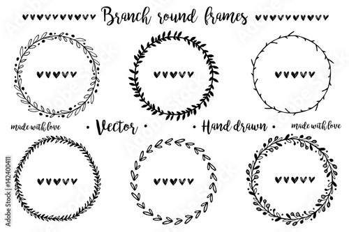 Round frames made of branches. Hand drawn vector botanical frames.