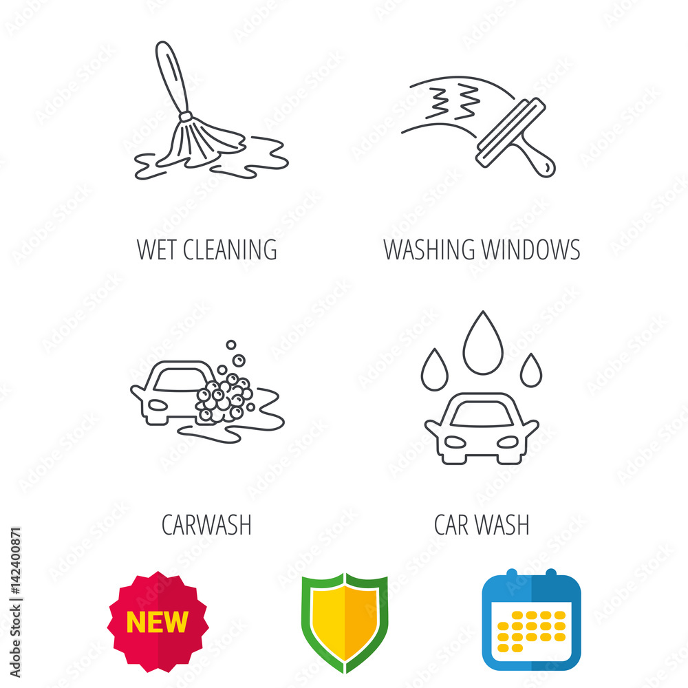 Car wash icons. Automatic cleaning station linear signs. Washing windows, wet cleaning and foam bucket flat line icons. Shield protection, calendar and new tag web icons. Vector Car wash icons. Automatic cleaning station linear signs. Washing windows, wet cleaning and foam bucket flat line icons. Shield protection, calendar and new tag web icons. Vector