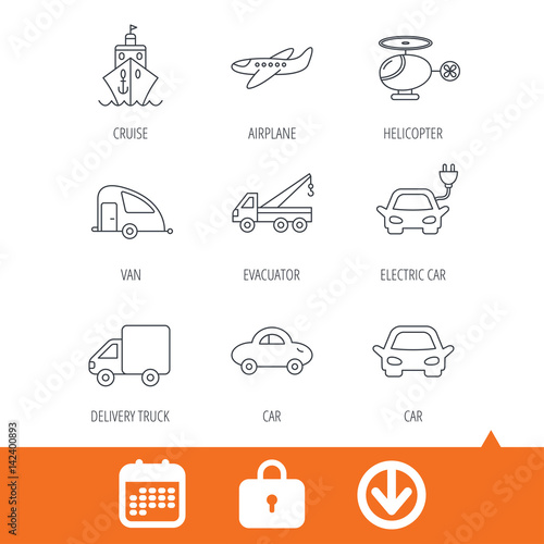 Transportation icons. Car, ship and truck linear signs. Airplane, helicopter and evacuator flat line icons. Download arrow, locker and calendar web icons. Vector