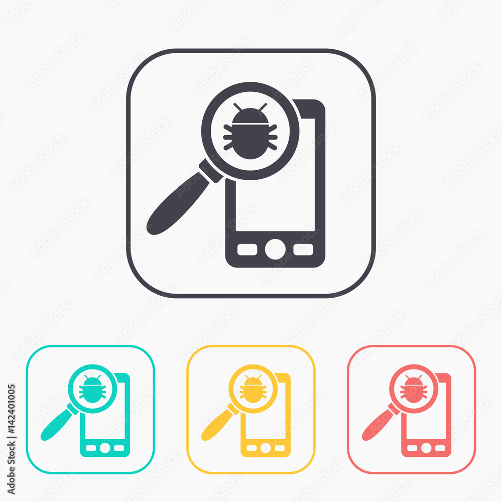 Bug in smartphone flat icon. Vector illustration concept of mobile phone with virus alert message. Bug in smartphone flat icon. Vector illustration concept of mobile phone with virus alert message.