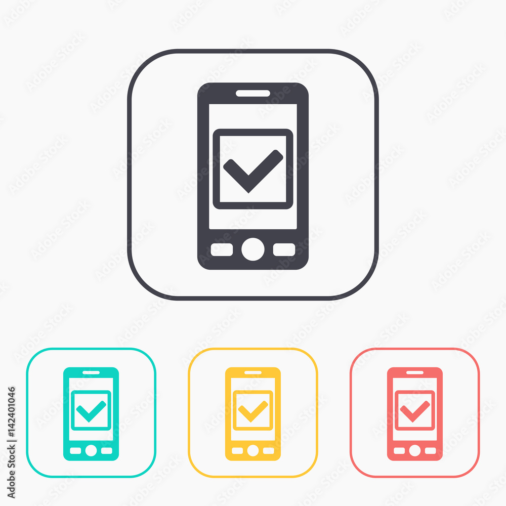 Mobile phone with checkmark symbol flat icon. Operation accepted vector illustration Mobile phone with checkmark symbol flat icon. Operation accepted vector illustration