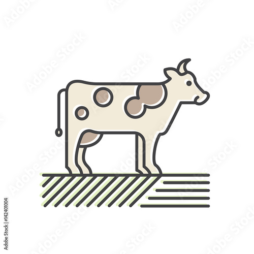 Vector Icon Style Illustration Logo for Organic Vegan Healthy Shop or Store. Cow on the Green Field, Farmer Market Countryside