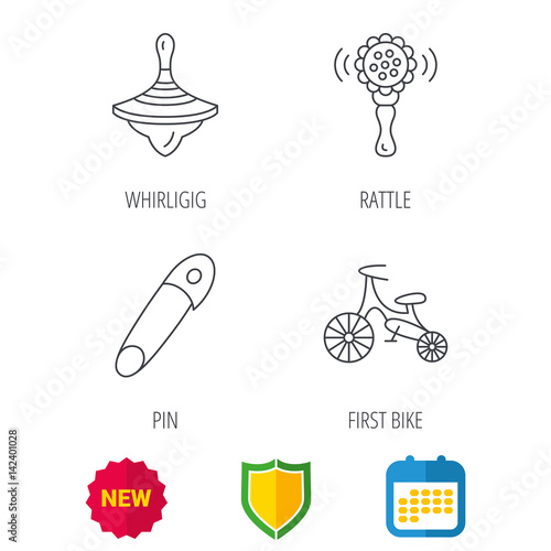 First bike, whirligig and rattle toy icons. Pin linear sign. Shield protection, calendar and new tag web icons. Vector