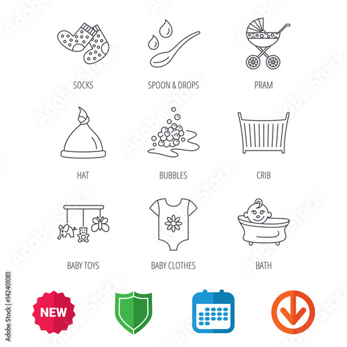 Baby clothes  bath and hat icons. Pram carriage  spoon with drops linear signs. Socks  baby toys and bubbles flat line icons. New tag  shield and calendar web icons. Download arrow. Vector