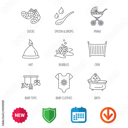 Baby clothes, bath and hat icons. Pram carriage, spoon with drops linear signs. Socks, baby toys and bubbles flat line icons. New tag, shield and calendar web icons. Download arrow. Vector