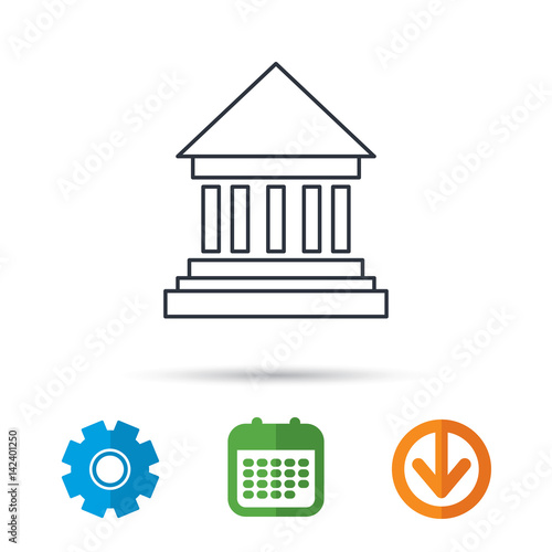 Bank icon. Court house sign. Money investment symbol. Calendar, cogwheel and download arrow signs. Colored flat web icons. Vector