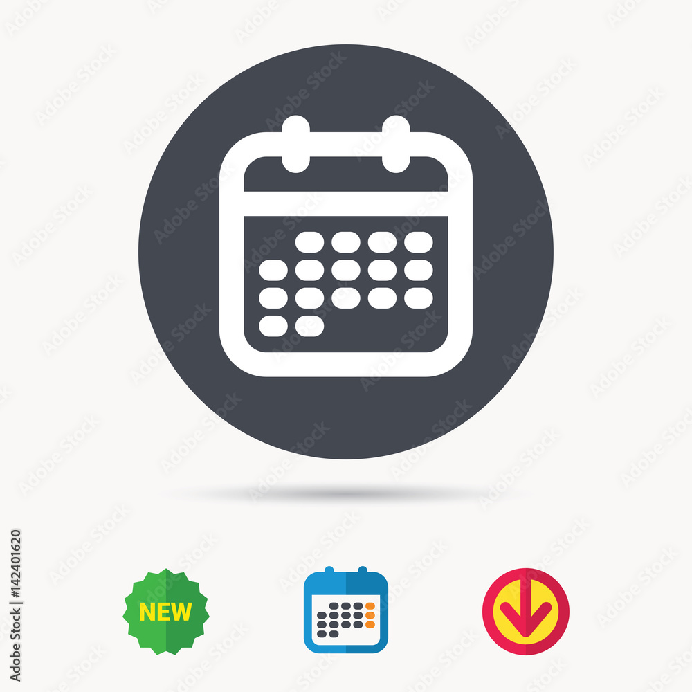 Calendar icon. Events reminder symbol. Calendar, download arrow and new tag signs. Colored flat web icons. Vector Calendar icon. Events reminder symbol. Calendar, download arrow and new tag signs. Colored flat web icons. Vector