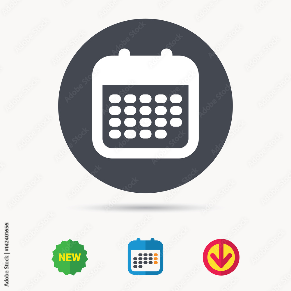 Calendar icon. Events reminder symbol. Calendar, download arrow and new tag signs. Colored flat web icons. Vector Calendar icon. Events reminder symbol. Calendar, download arrow and new tag signs. Colored flat web icons. Vector