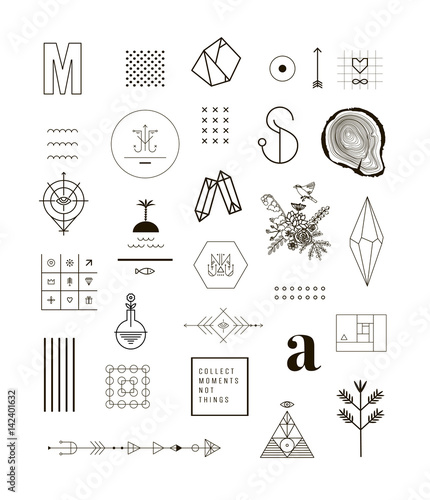 Set of different elements and shapes.Trendy hipster symbols and logotypes. Ethnic patterns. Geometric, alchemy, decor items. Vector.