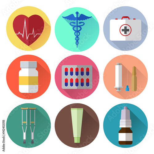 Set of simple medicine flat icons on color circle background