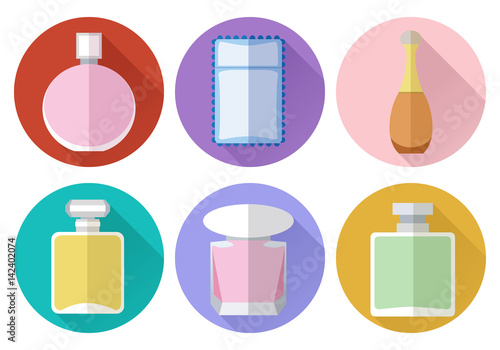 Set of simple perfumery flat icons with long shadows on color ci