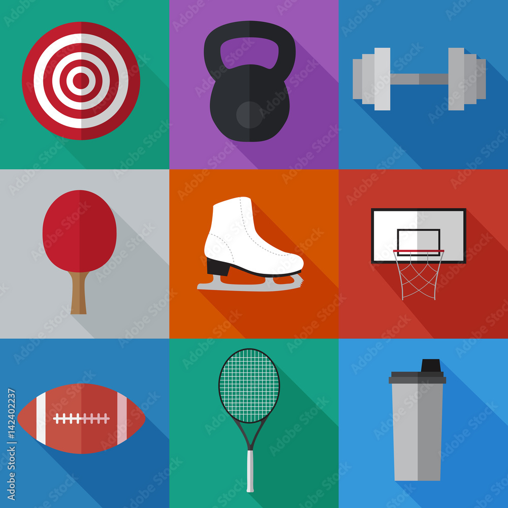 Set of simple sport equipment  flat icons on color squares