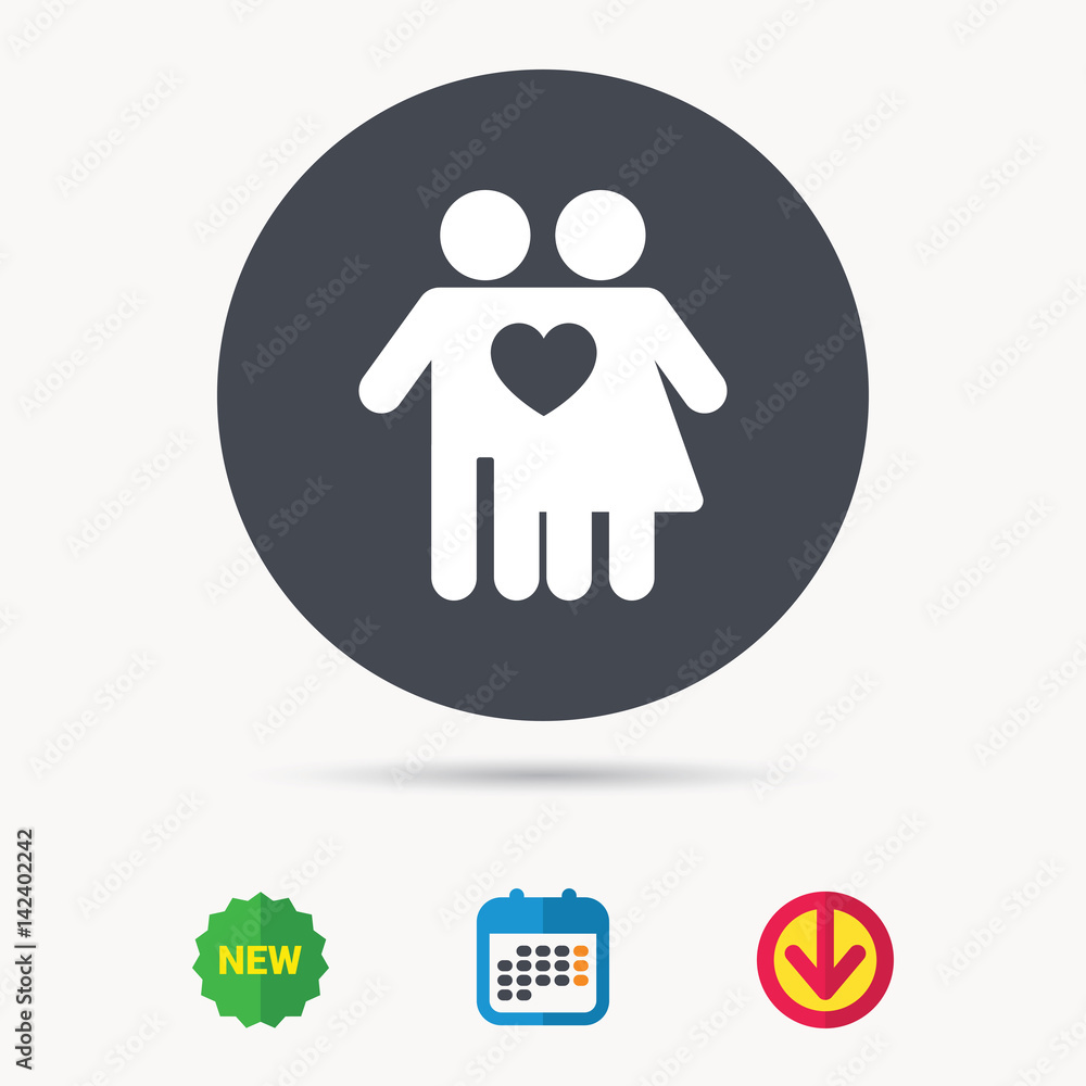 Couple love icon. Traditional young family symbol. Calendar, download arrow and new tag signs. Colored flat web icons. Vector Couple love icon. Traditional young family symbol. Calendar, download arrow and new tag signs. Colored flat web icons. Vector