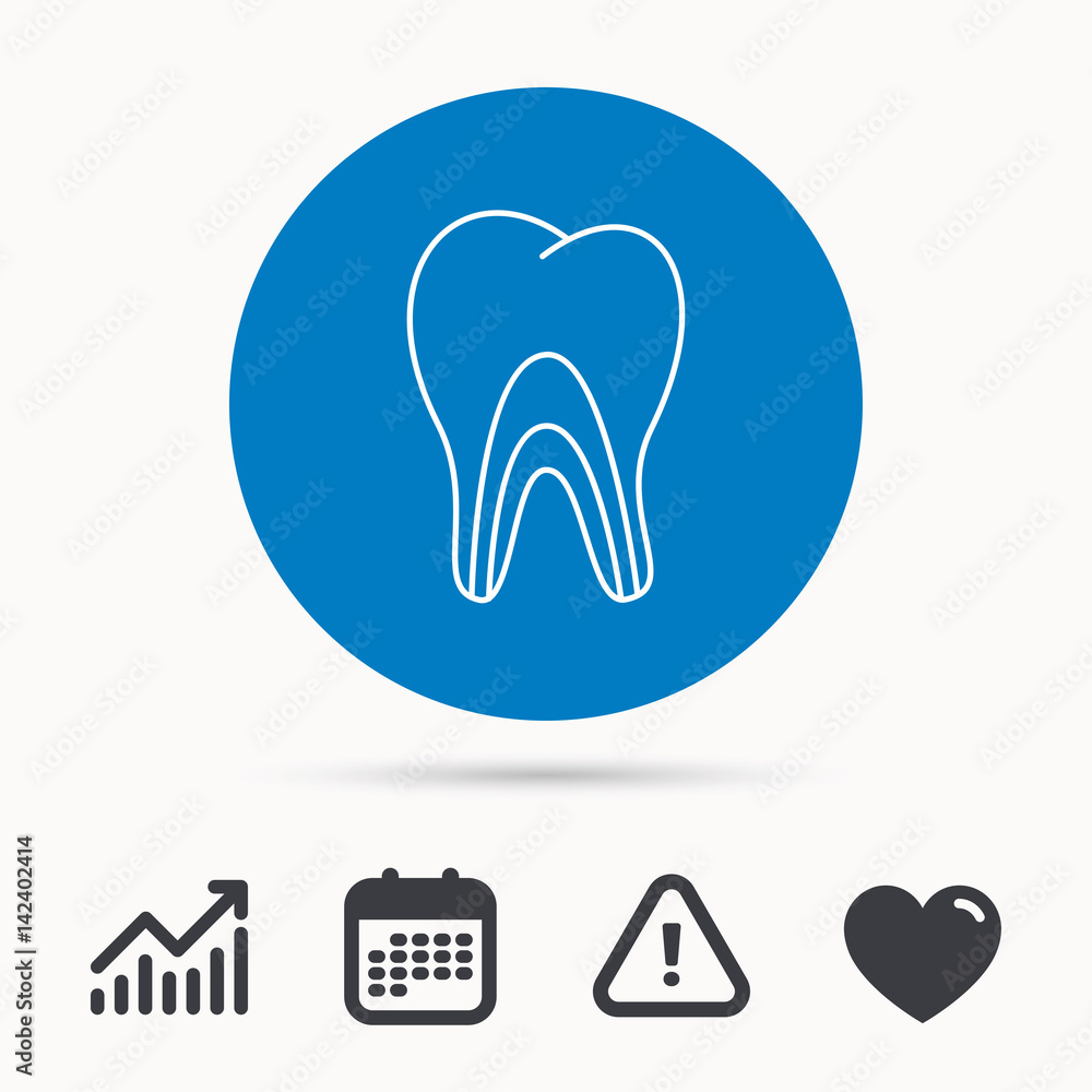 Dentinal tubules icon. Tooth medicine sign. Calendar, attention sign and growth chart. Button with web icon. Vector Dentinal tubules icon. Tooth medicine sign. Calendar, attention sign and growth chart. Button with web icon. Vector