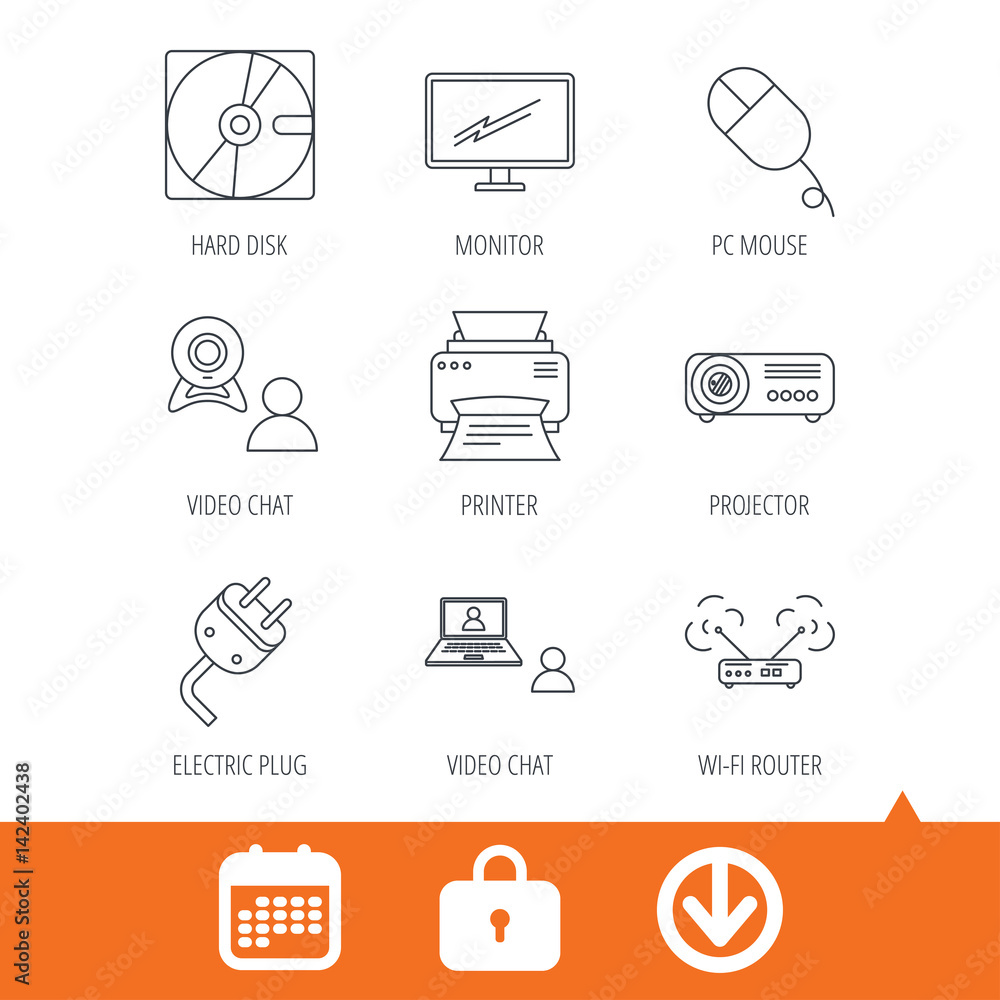 Monitor, printer and wi-fi router icons. Video chat, electric plug and pc  mouse linear signs. Projector, hard disk icons. Download arrow, locker and  calendar web icons. Vector Stock Vector | Adobe Stock