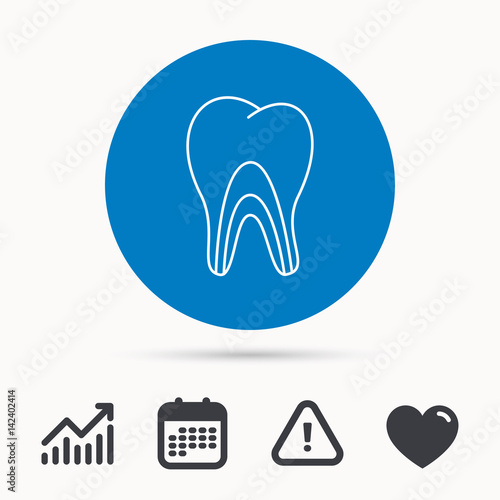 Dentinal tubules icon. Tooth medicine sign. Calendar, attention sign and growth chart. Button with web icon. Vector